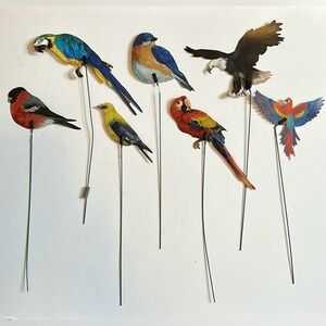 Vintage Set of 7 Colorful Double Sided Bird Picks for Indoor Home Decor
